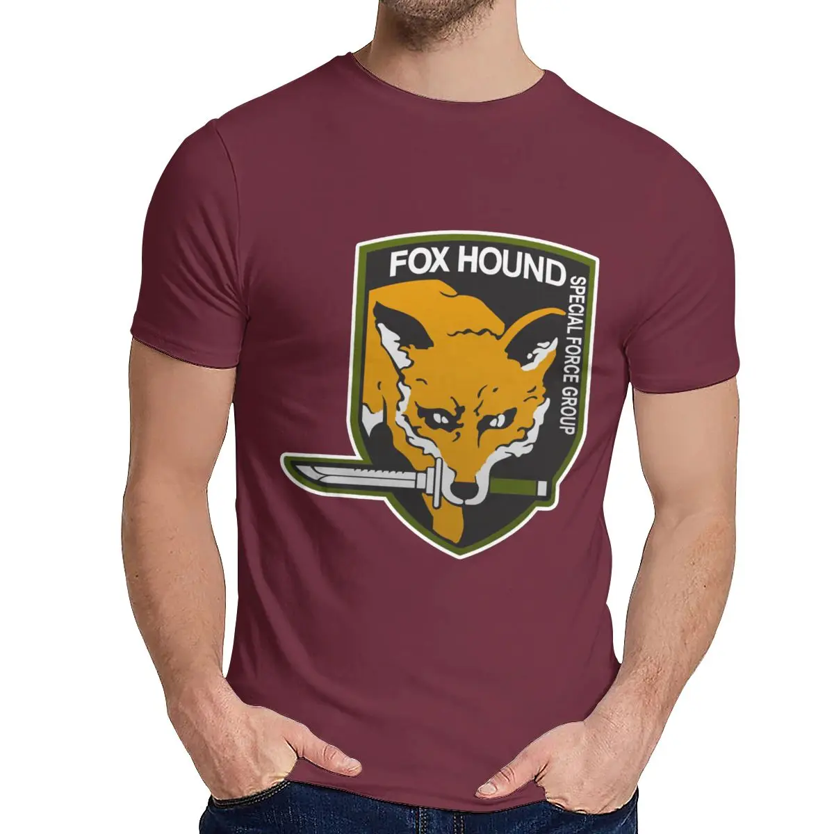 Винтаж Metal gear Solid Fox Forces Group Tee Мужская хипстерская футболка из натурального хлопка с круглым вырезом - Цвет: Бургундия
