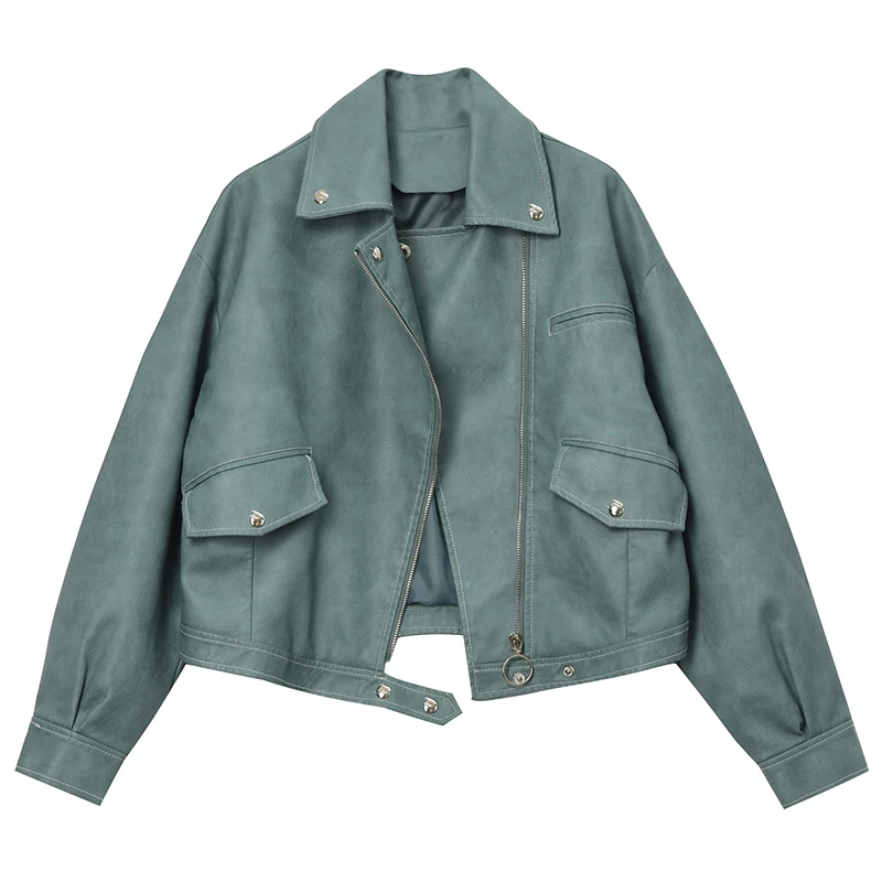 [EAM] Loose Fit Black Pu Leather Pocket Short Jacket New Lapel Long Sleeve Women Coat Fashion Tide Autumn Winter 1K530