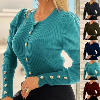 

Women Pure Color Long Sleeve Round Collar Button Simple Style Slim Autumn T Shirt(5 Colors)