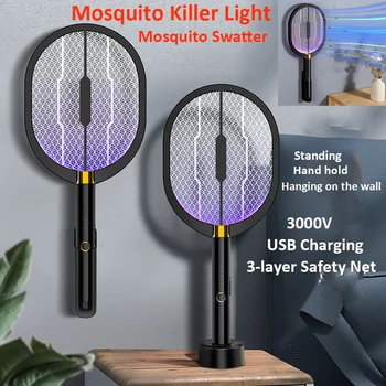 3 IN 1 LED 3000V Mosquito Killer Lamp USB Rechargeable Electric Insect Killer Fly Swatter Trap Anti Mosquito Flies In/Outdoor