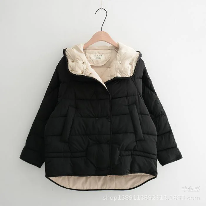 

18 Autumn And Winter New Style Casual Simple Versatile Solid Color Double Breasted Loose-Fit Hooded Cotton Overcoat Women's M533