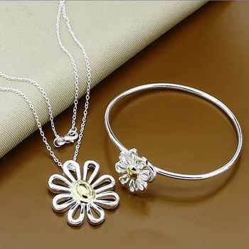 

Christmas Gift 925 Sterling Silver Fashion Sunflower Flower Pendant Necklace Bangles Jewelry Sets For Women