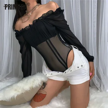

2020 New Autumn Perspective Mesh Women Black Bodysuit Sexy Night Club Slim Party Ruffles Waves Harajuku Skinny bodysuit PR752G