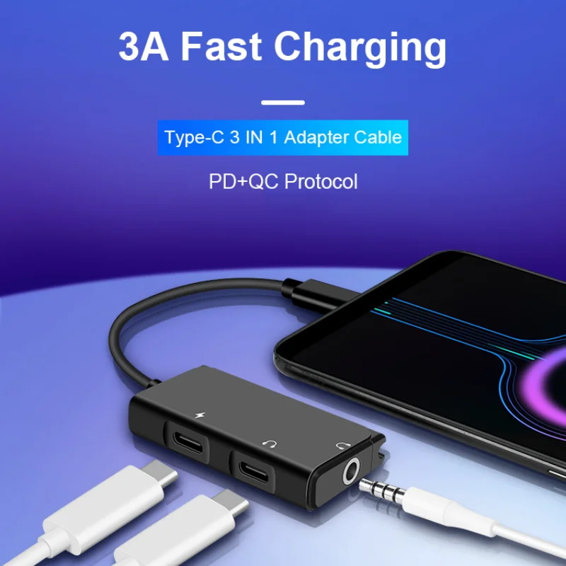 3 in 1 USB C to Type C to 3 5mm Headphone Jack 3 5mm Aux Audio Adapter cable For Huawei P30 pro Xiaomi Mi 9 8 Audio USB Adapter