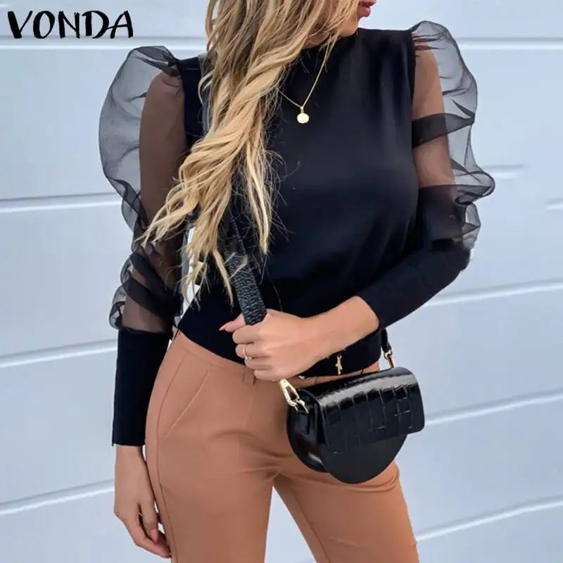VONDA, женская блузка, свитера,, весна-осень, длинный рукав, Офисная Женская кружевная блузка, вязаный пуловер, повседневные топы размера плюс