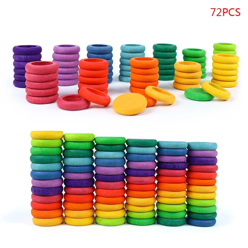 

72Pcs/Set Children Wooden Rainbow Round Ring Stacking Game Building Block Kids Gifts Creative Educational Toys