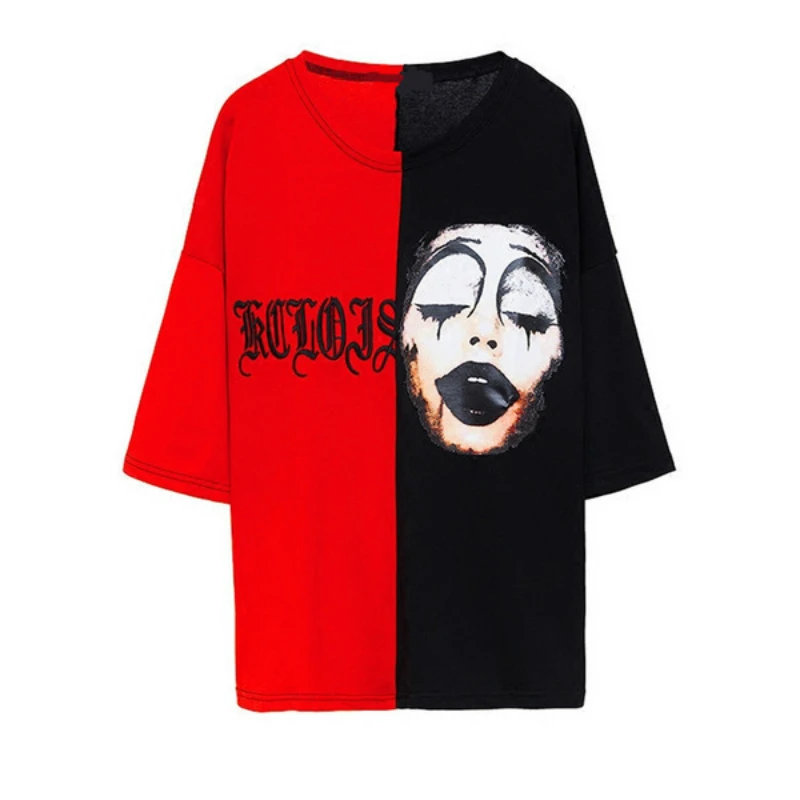 Harajuku BF Black-and-white Stitching Clown Short-sleeved Embroidery Collision Color Male and Female Couples Loose T-shirt