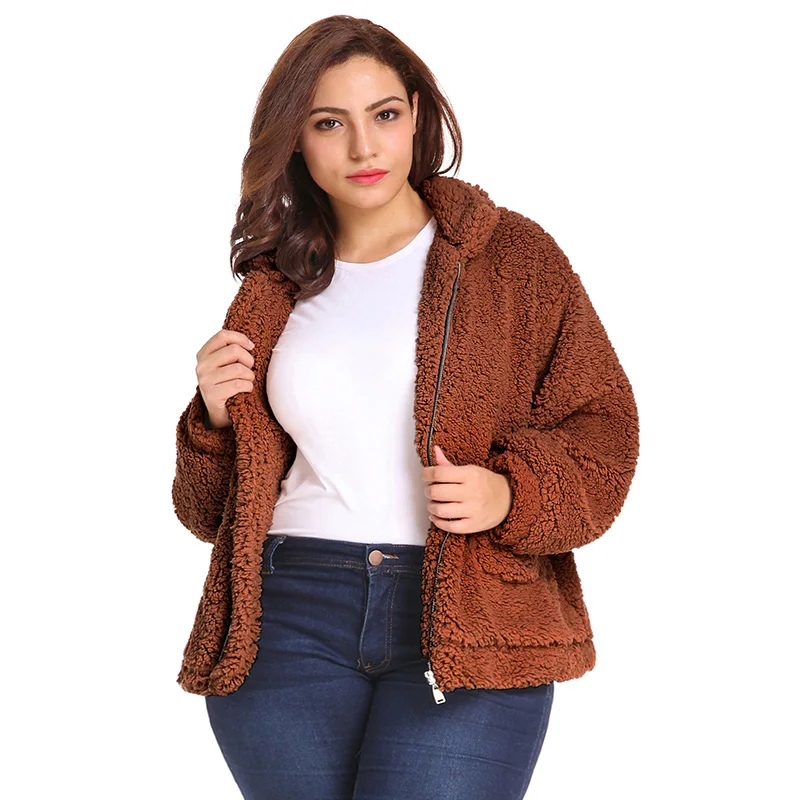 5XL 6XL размера плюс пальто из искусственного меха для женщин зимнее плюшевое пальто куртка из флиса на молнии Свободное теплое плюшевое меховое пальто женская верхняя одежда