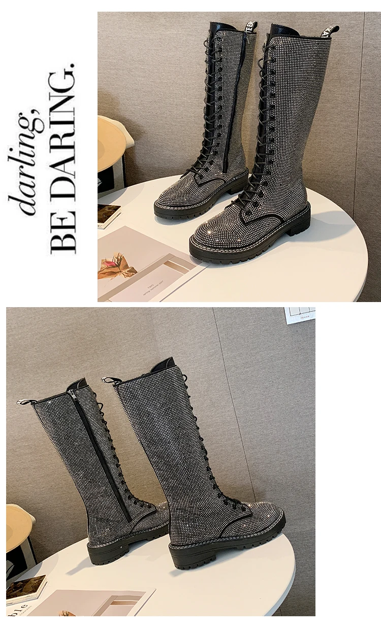 Зимние женские ботинки с блестящими заклепками; Ботинки martin со шнуровкой; армейские ботинки до середины голени; коллекция года; женская обувь; botas Mujer; P156
