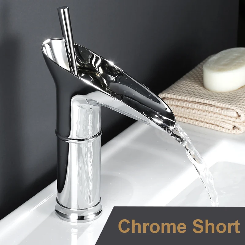 Chrome Short Водопад антикварные краны ванная раковина кран черный латунный Смеситель для раковины краны горячей и холодной воды винный стеклянный стиль ретро Каскадный кран - Цвет: Chrome Short