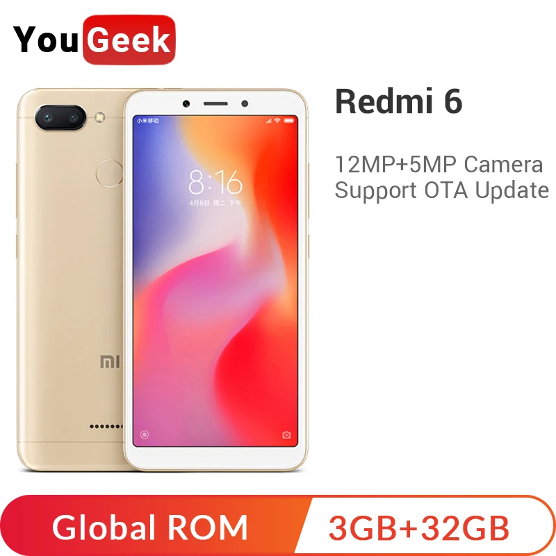 Xiaomi Redmi 6 смартфон с восьмиядерным процессором Helio P22 ОЗУ 3 ГБ ПЗУ 32 12 Мп + 5 МП 45 дюйма