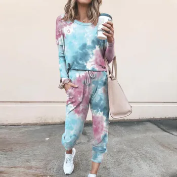 

Women Two-piece Sets Casual Home Sleepwear Tie-dye Long Sleeves Pants Tracksuit lingerie femme пижама марвел женская