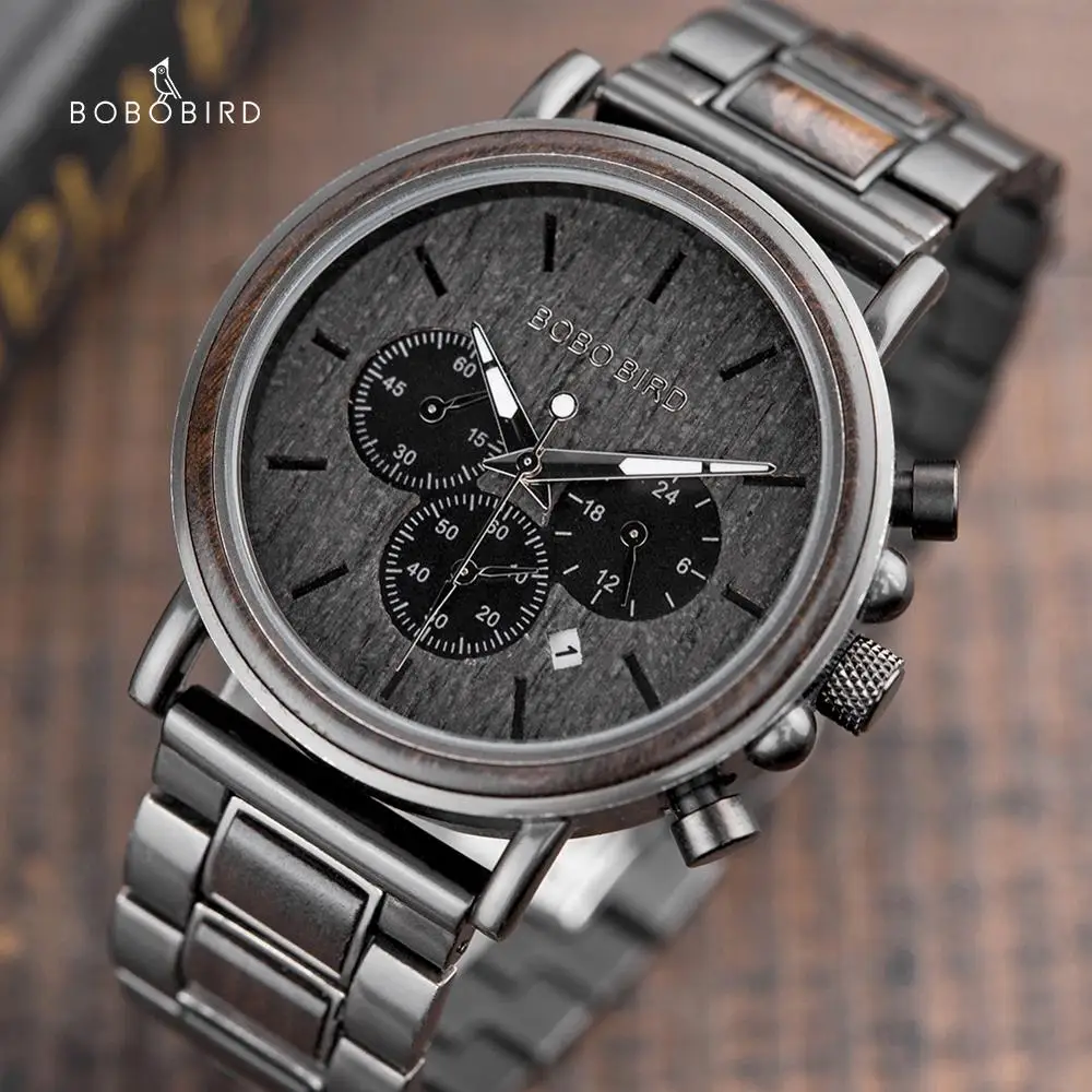 BOBO BIRD Chronograph Men Watch Wooden Luxury Stainless Steel Quartz Wristwatches with Calendar relojes de marca famosa Christma