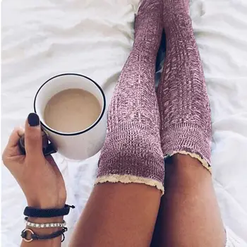 

Women Girls Winter Snowflake Crochet Knitted Long Lace Patchwork Cuff Opaque Stretchy Over Knee High Stockings Warmer