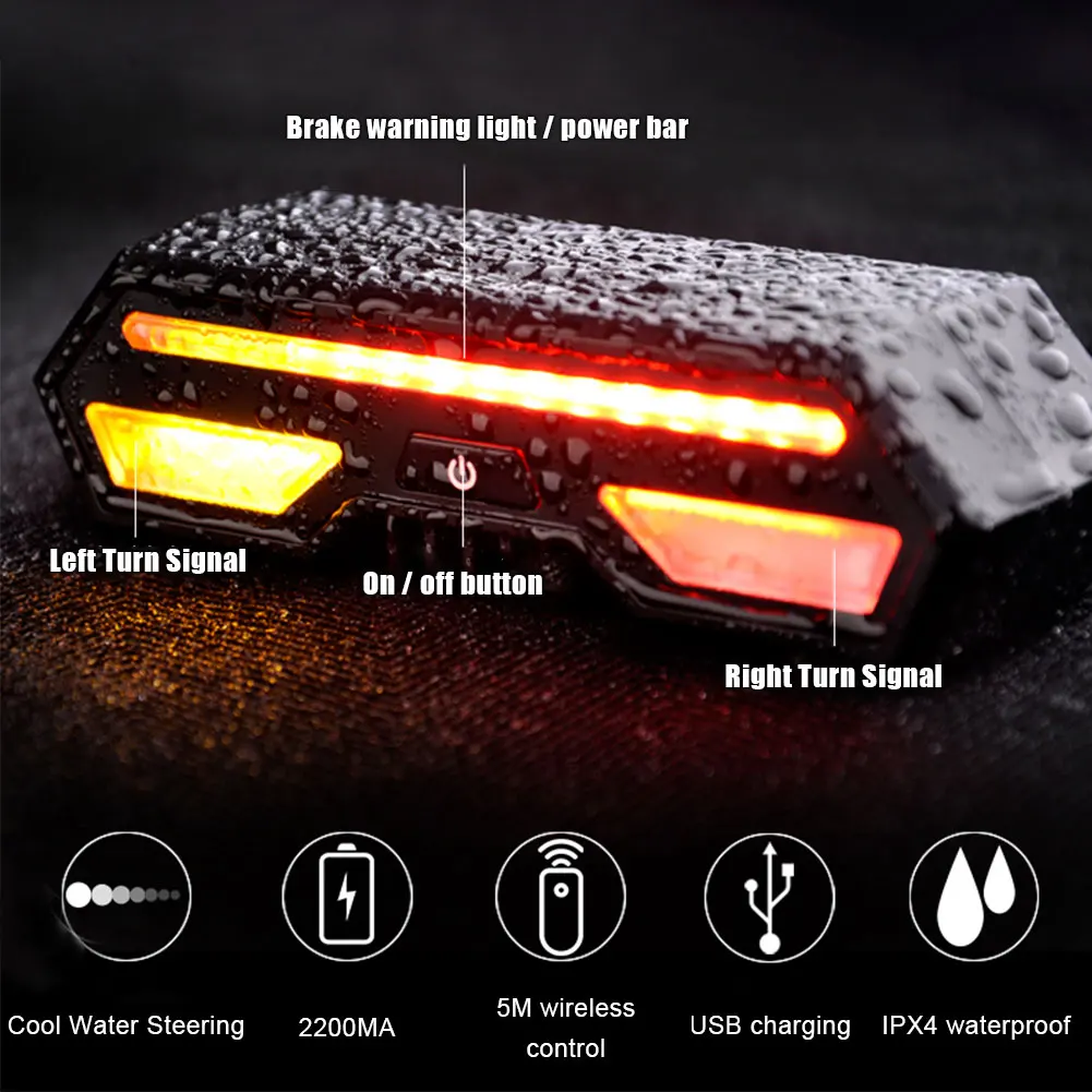 Bike Tail Light with Turn Signals Wireless Remote Control Bicycle Tail Light Safety Brake Lights and Warning Light 2200mAh USB