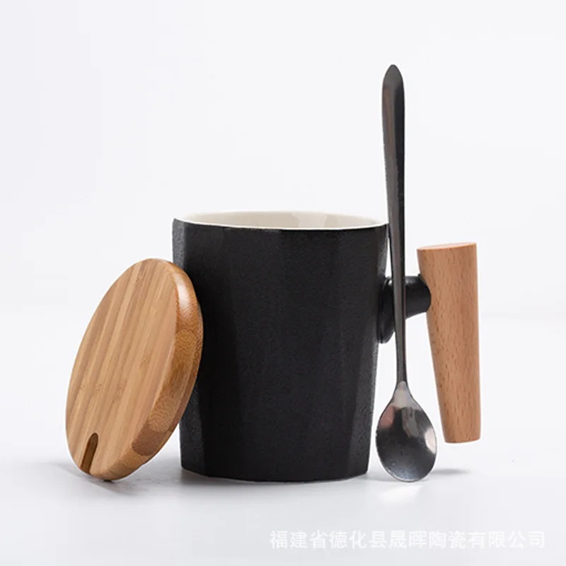 Black wooden cover 350 мл керамическая чашка с деревянной ручкой, кружка, простая чашка для воды, чашка для молочного кофе, ложка с крышкой - Цвет: Black wooden cover
