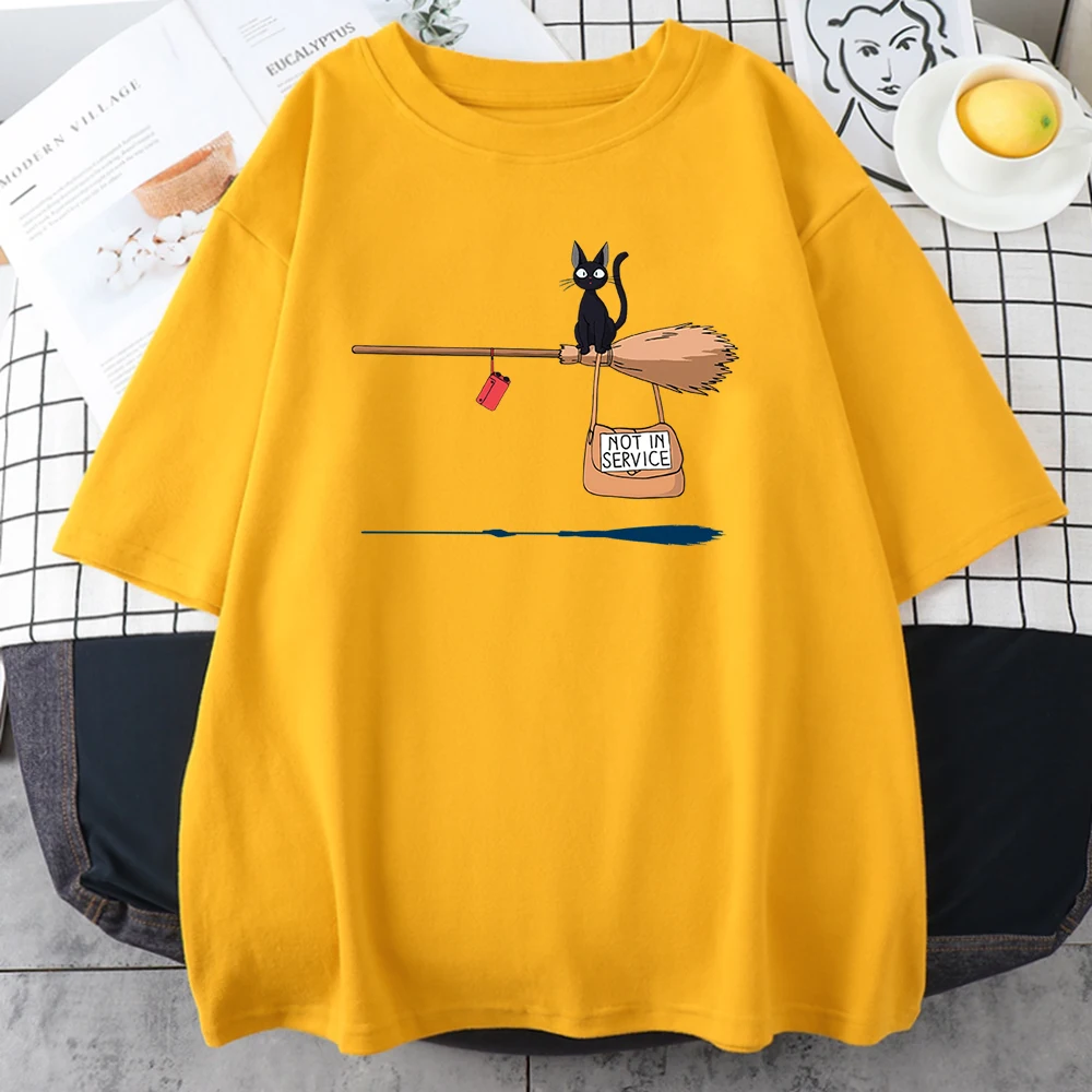 Cute Cat Not In Service Comics Printing Women Soft Cartoons Soft Tshirt Fashion Crewneck Tshirts Vintage Loose T Shirts Couple