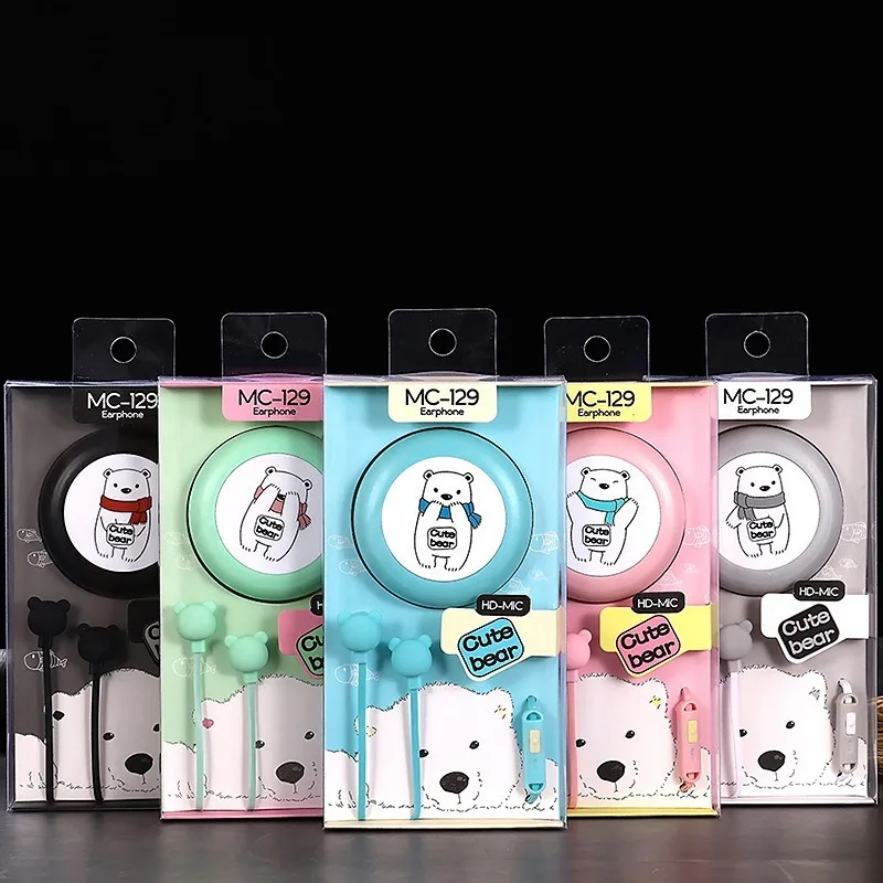 

Cute cartoon bear In-ear karaoke 3.5mm In-line headset with microphone phone With the same cute earphone box Color girls macaron