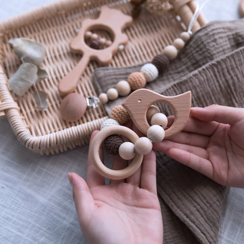 Baby Teethers Wooden Bear Rattles Crochet Beads Rodent Tiny Rod Baby Toys Bracelet Pacifier Clip Nursing Newborn Products Set