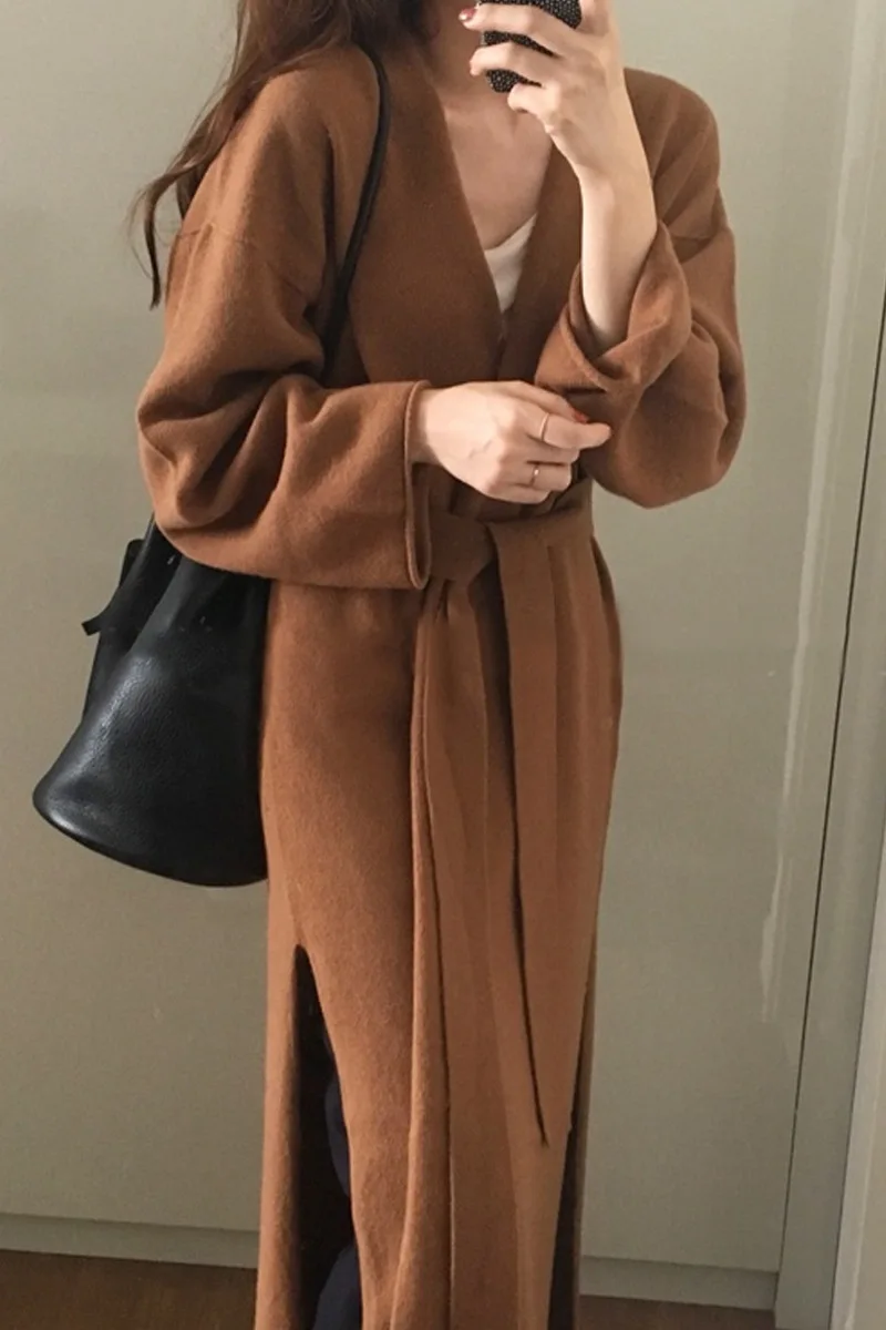caramal cardigan Woherb винтажный черный свитер женский однотонный длинный рукав Сплит длинный кардиган со шнуровкой открытая стежка корейская мода новинка 90987 - Цвет: caramal cardigan