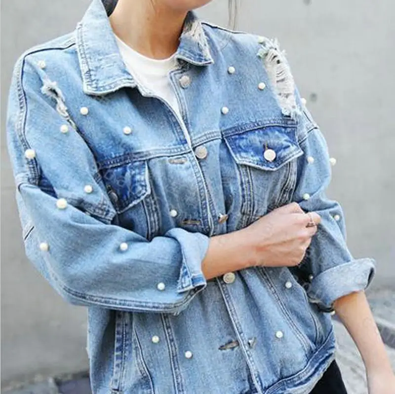 Pearls Beading Ripped Denim Jacket Women Vintage Single Breasted Long Sleeve Jean Jackets and Coats Plus Size Spring Fall - Цвет: light blue