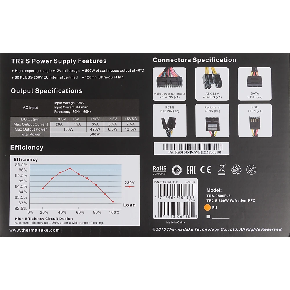 Блок питания Thermaltake ATX 500W TR2 S 80+(24+4+4pin) APFC 120mm fan 5xSATA RTL