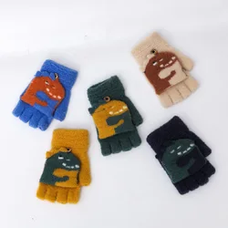 Winter Cartoon Half Finger Flip Children's Thickened Warm Knitting Cartoon Student Alpaca Dinosaur Gloves Fingerless Mittens