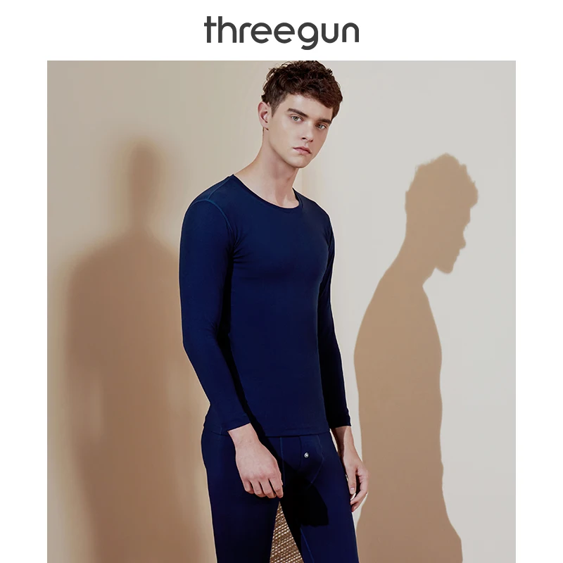 

THREEGUN Thermal Underwear Set Men High Quality Stetched Cotton Lightweight Warm Winter Round Neck Basic Layer Long Johns Set