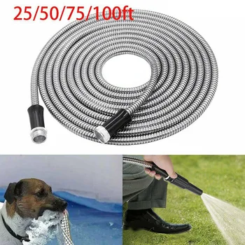 

Durable Pressure Stainless Steel Garden Hose Water Pipe 25/50/75/100FT Memoryless PVC inner Flexible Lightweight Pipes BV789