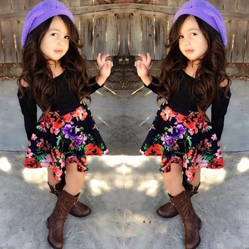 

INS Fashion Style Girls Clothes Set Off-the-shoulder Black Top T-shirt Skirt 2 Piece Set Floral Skirt Suit Kids Clothes Set