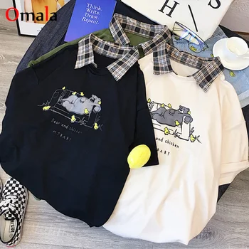 

Summer new Women Short Sleeve cartoon Print t shirt harajuku Cotton casual loose T-shirts Plaid patchwork preppy style Tees Tops