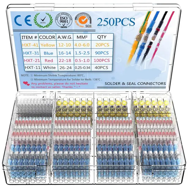 50/100/250PCS Mixed Heat Shrink Connect Terminals Waterproof Solder Sleeve Tube Electrical Wire Insulated Splice Connectors Kit 250PCs With Box