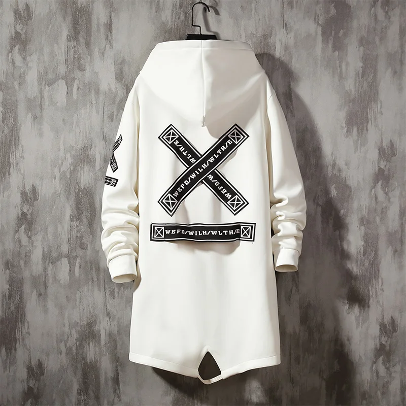 Capa de trinchera con capucha para los hombres de la moda Webbing Primavera Otoño Harajuku Windbreaker Overcoat Hombre Casual Outwear Hip Hop Hombres Chaqueta