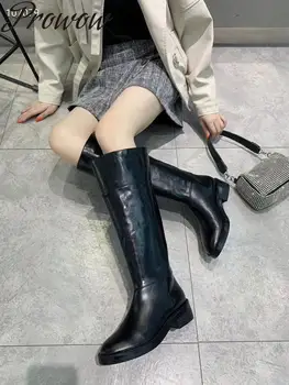 

Prowow High Quality GenuineLeather Round Toe Slip On Knee High Boots Autumn Winter Luxury Runway Fashion Boots Ladies