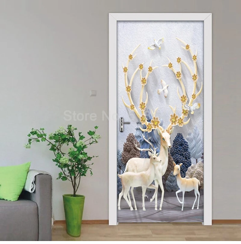 2pcs/set Creative Forest Elk Door Stickers Home Decor Modern PVC Waterproof Kids Room Bedroom Door Sticker Wallpaper Wall Decals