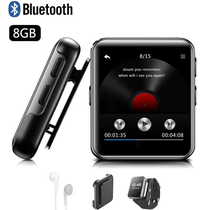 Мини Клип MP3-плеер Bluetooth с 1,54 дюймовым сенсорным экраном портативный MP3 музыкальный плеер HiFi металлический аудио плеер с fm-радио - Цвет: Blcak 8GB