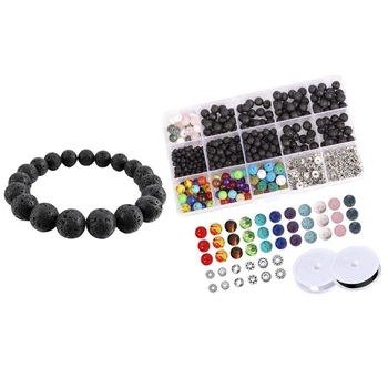 

1x 12mm Elastic Buddhism Buddhist Bead Ball Links Bracelet & 500Pcs 4-8mm Black Natural Lava Stone 7 Colors Chakra Beads