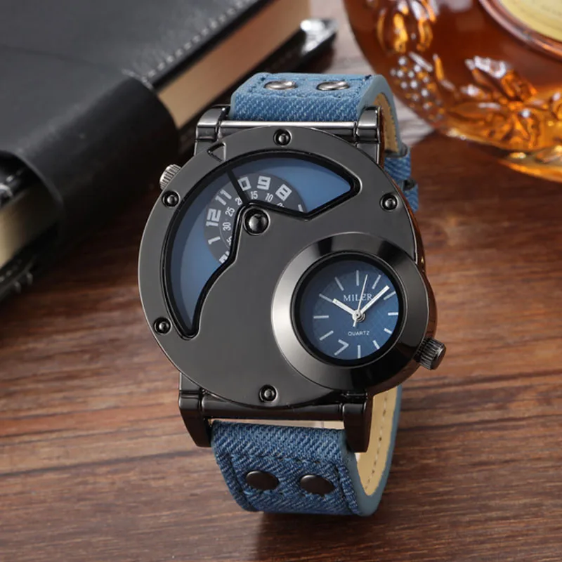 Fashion Cowboy Blue Denim Watches Men Sports Watches 2 Time Zone Leather Strap Quartz Wristwatches Man Watch Relogio Masculino 