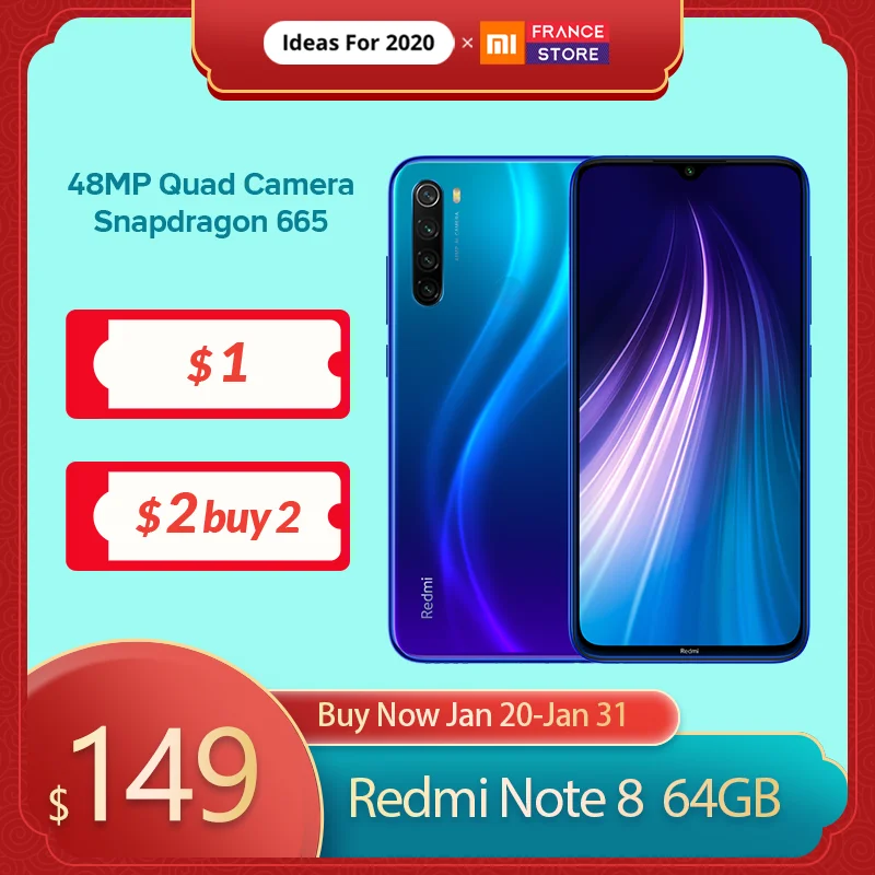 Redmi Note 8 Xiaomi глобальная версия 4 Гб 64 Смартфон 48MP камеры Snapdragon 665 6 3 FHD 4000 мАч 4K видео