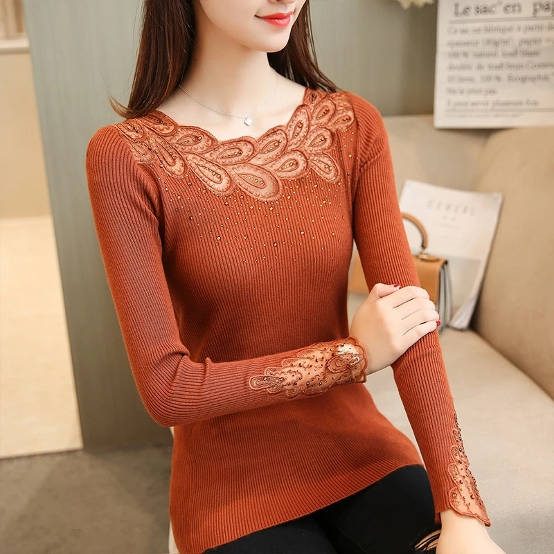 2020 Spring Ladies Knitted Shirt Long-sleeved Women Sweater Korean Style Slim Sexy Patchwork Embroidery Lace Pullovers Sweater 2020 Spring Ladies Knitted Shirt Long-sleeved Women Sweater Korean Style Slim Sexy Patchwork Embroidery Lace Pullovers Sweater