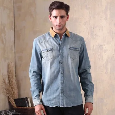 Denim Blue S-2XL Vintage Denim Shirts Men Casual Corduroy Collar Shirts Male Fashion Single Breasted Long Sleeve Loose Jeans Top DS50923 - Цвет: Denim Blue