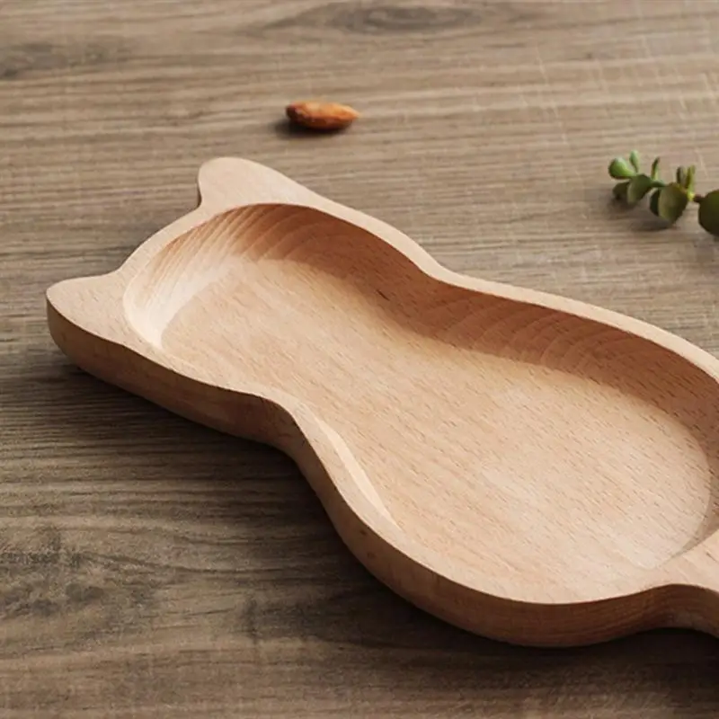 1 PC Wooden Plate Cat Pattern Japanese Style Elm Adorable Kitchen Utensil Nut Plate Dessert Tray Snack Dish for Cake Fruit Candy