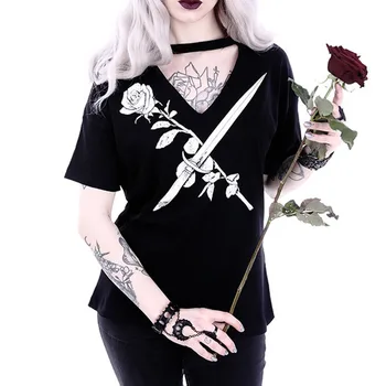 

Rose Printed T Shirt Women Black Plus Size 5XL Hollow Loose Pullover Sexy Tops Motorcycle Punk Rock Harajuku