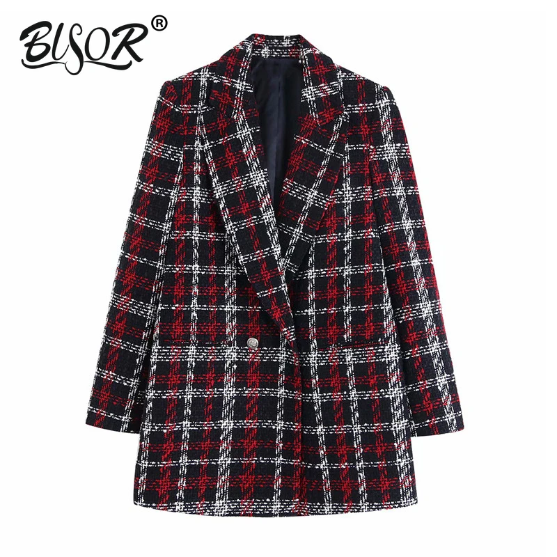 

2019 Fashion Women Stylish Office Lady Plaid Double Breasted Tweed Blazer Coat Long Sleeve Pockets Outerwear Chic Tops