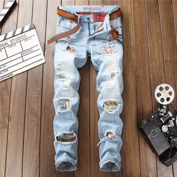 

European American style Autumn Winter Men's Patchwork Ripped Embroidered Stretch Jeans Trendy Holes Straight Denim Trouers