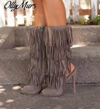 

Sexy Mid Calf Fringe Boots Pepe Toe Cut-out High Heels Tassel Boot Brown Green Black Suede Dress Shoes Buckle Strap Sandal Boot
