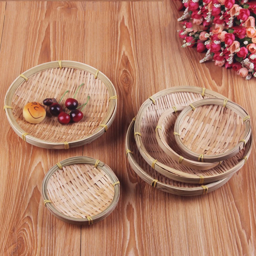 Ручной работы бамбуковая плетеная круглая корзина для хранения фруктов блюдо ротанговая корзинка под хлеб для кухни еда пикника хлеб Sundry мини-контейнер