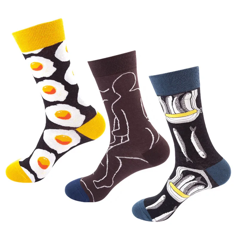 3 пар/лот, цветные забавные мужские свадебные Рождественский носок для подарков, чёсаный хлопок, мужские и женские носки, пара носков с принтом рыбы, фруктов, еды