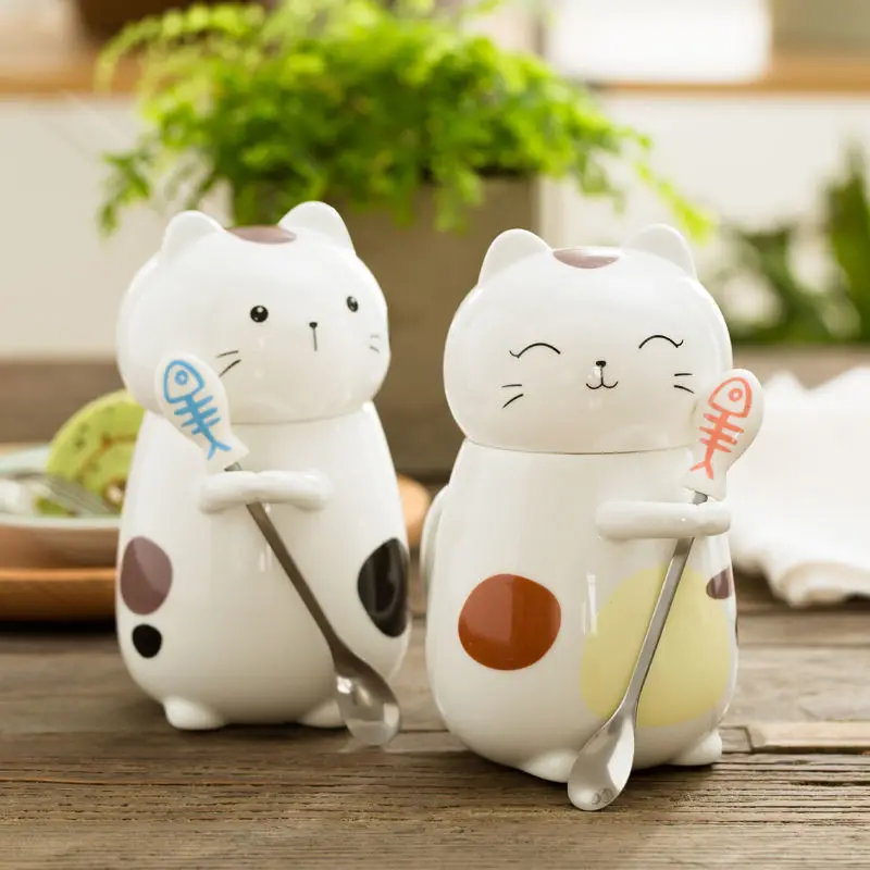 400ML Ceramic Cup Mug with Lid Spoon Coffee Milk Student Cute Stainless Steel The | Дом и сад