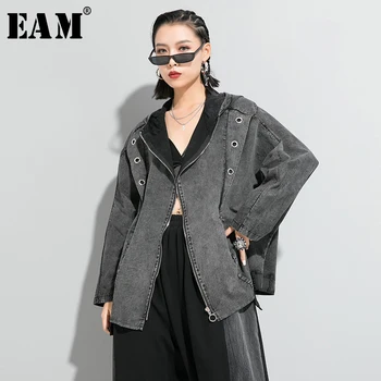 

[EAM] Loose Fit Black Denim Split Joint Big Size Jacket New Hooded Long Sleeve Women Coat Fashion Tide Spring 2020 1R641